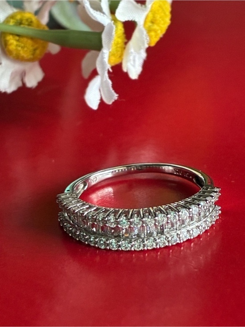 925 Silver Ring Triple-Row Crystal Band Ring - Silver Sparkle